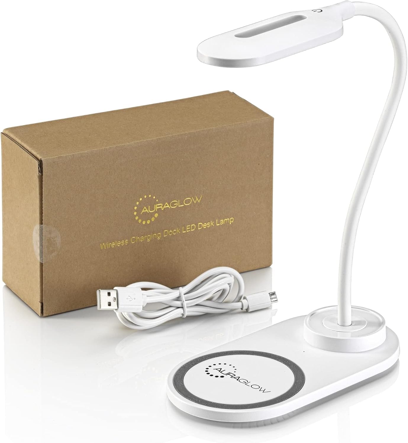 Auraglow LED Flexible Neck Desk Lamp with 3 Colour Modes and 10W Wireless Smart Phone Qi Fast Charger - White - 1 Pack