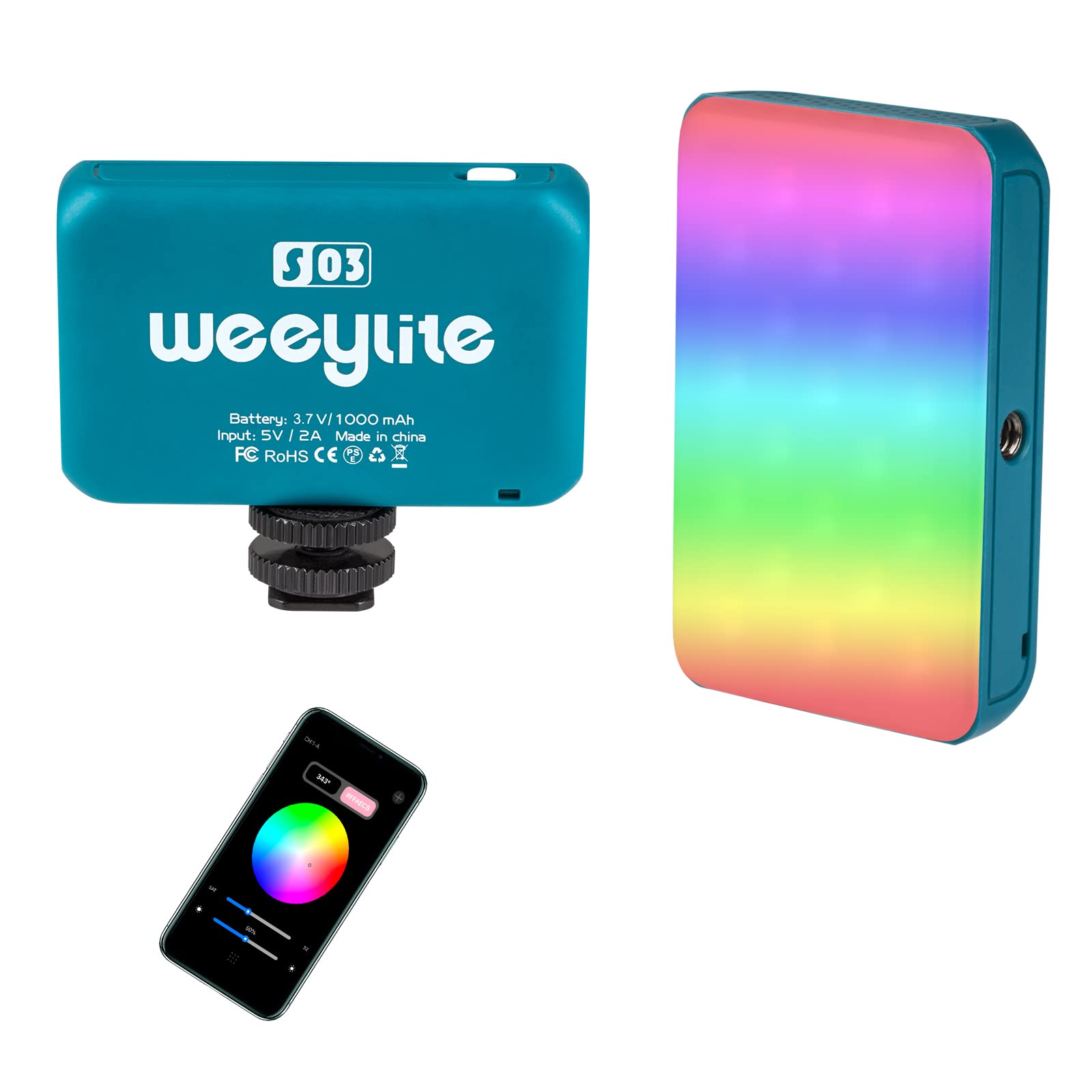 Weeylite S03 Mini RGB Video Lights,APP Control Portable LED On-Camera Photography Light,360° Full Color Rechargeable CRI 95+ 2800-6800K Dimmable Panel Lamp with Cold Shoe -Blue