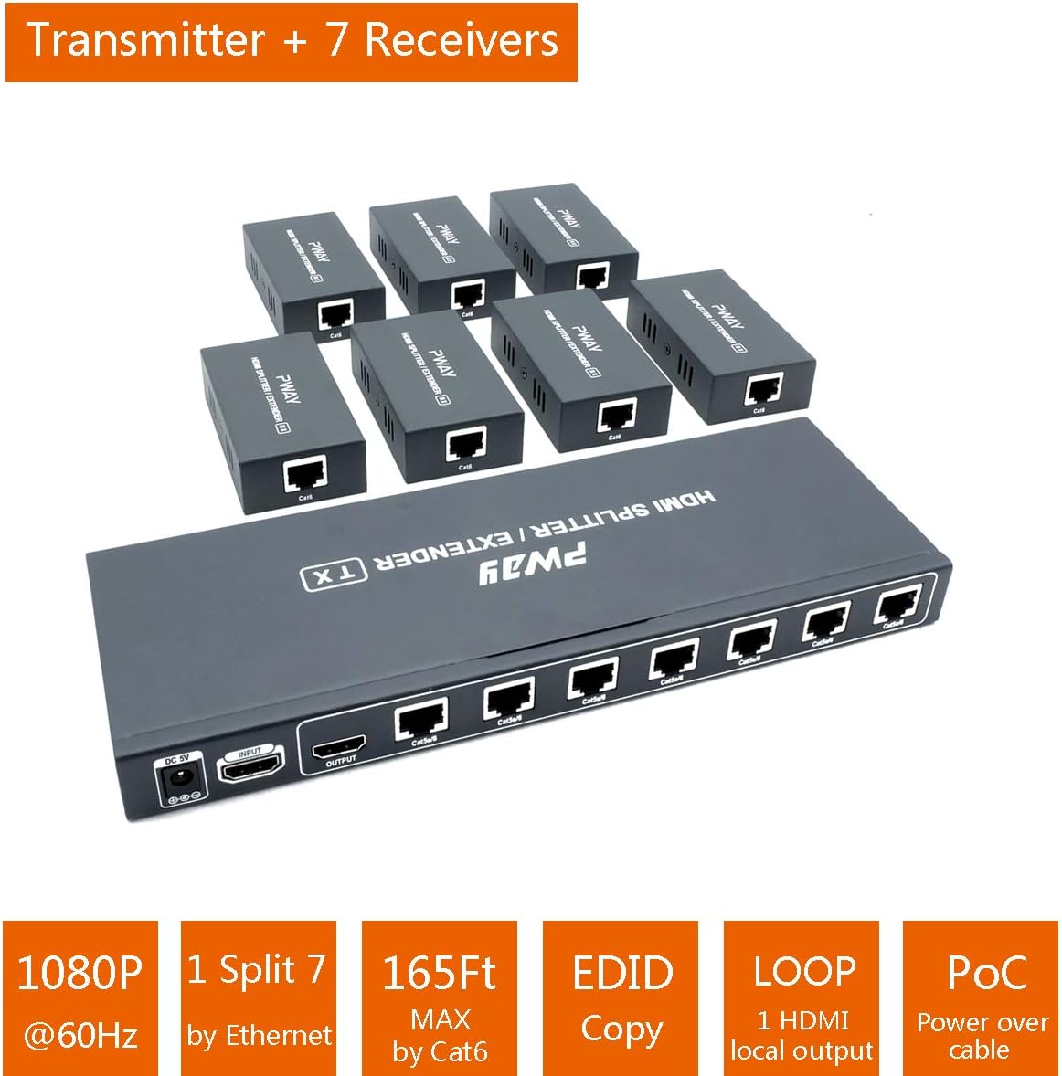 HDMI Extender Splitter 1x7 7 Port Over CAT5E/CAT6/CAT7 Ethernet Cable with an HDMI Loop Out & POC Function & EDID Management -Up to 50m (165ft) at 1080p 60Hz - Image 3