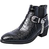 OXNEUHG Men's Pattern Leather Chunky Heel Dress Chelsea Boots with Metal Belt Buckle Fashion Cap Toe Block High Heel High Top Slip On Formal Oxford Shoes Business Casual Chukka Booties