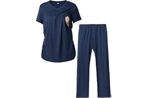 Rnxrbb V Neck Nursing Pajamas Set Postpartum Pjs Maternity Breastfeeding sleepwear for Women with Pockets 2 Pack
