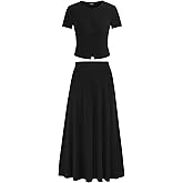 PRETTYGARDEN Women's 2 Piece Skirt Sets Summer Short Sleeve Button Up Knit Crop Top Flowy Maxi Skirts Travel Vacation Outfits