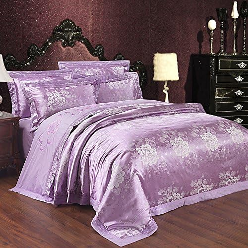 FenDie European Duvet Cover Set for Teens Adults, Silky Cotton Duvet Cover with 2 Pillow Shams, Jacquard Satin Pattern, Purple - Queen