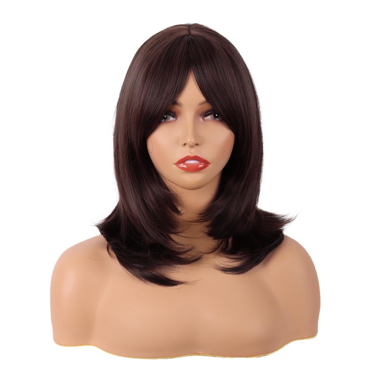 MapofBeauty 18 Inch/45 cm Layered Bangs Straight Synthetic Fiber Shoulder Length Hair Daily Use Wig (Dark Brown) — image 1