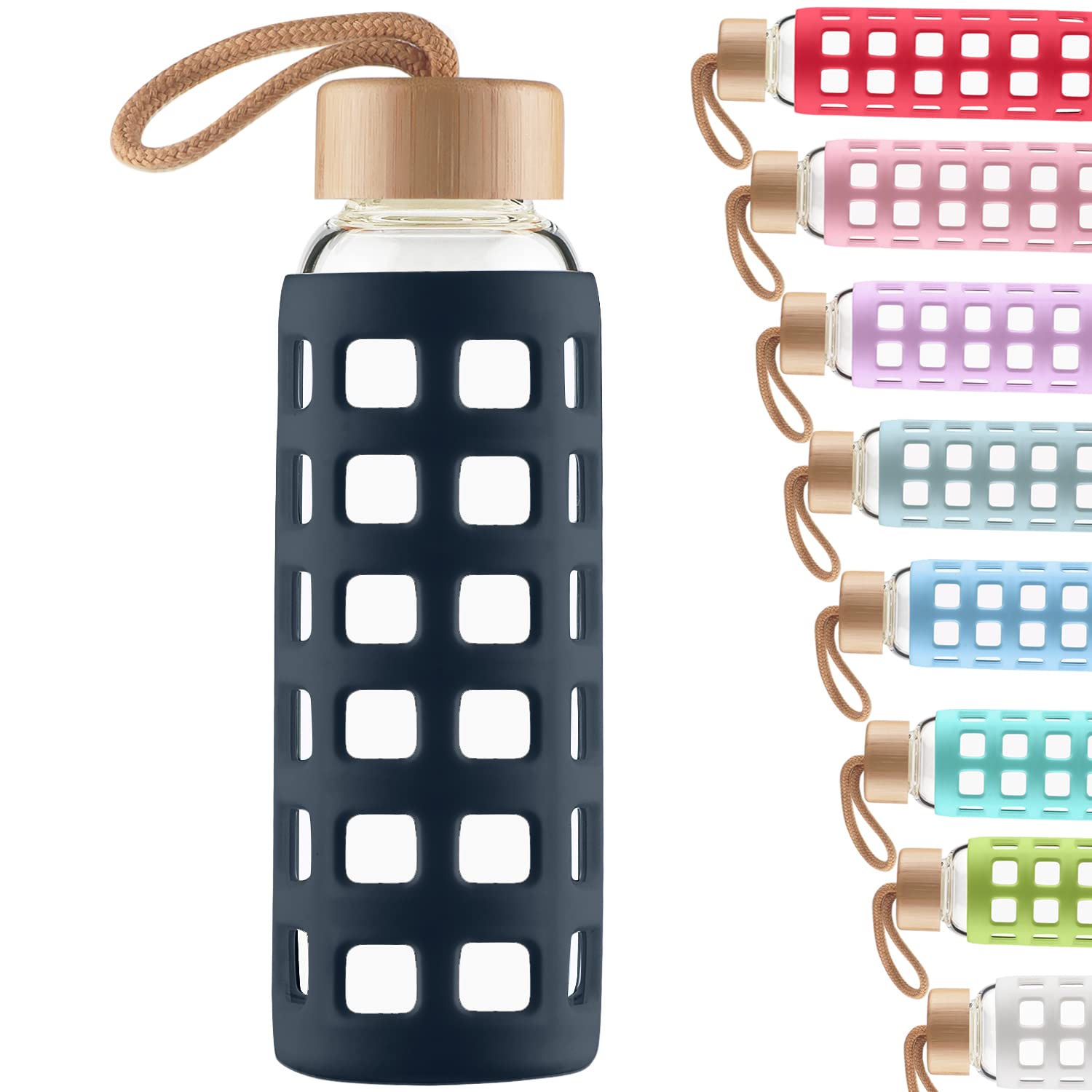 Cleesmil Sports Glass Water Bottle with Silicone Sleeve with Bamboo Lid BPA Free 360 ml (Navy Blue) — image 1