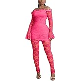 Ekaliy Sexy Two Piece Outfits for Women Clubwear Lace Legging Set Off Shoulder Mini Dress