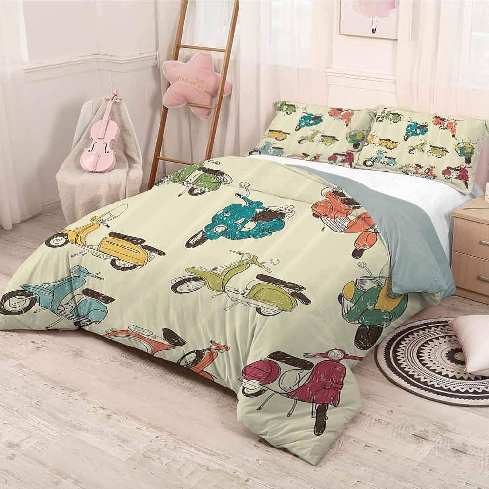 1960s Decorations Collection Extra large quilt cover Scooters Daring Romantic Aged History Motor Trip Street Town Power Retro Art Can be used as a quilt cover-lightweight (Queen)Soft Green Yellow Blu
