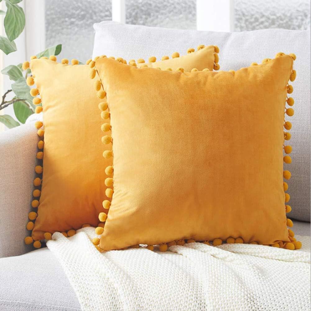 DACRIS Pom Pom Yellow Throw Pillow Covers 18x18 inch Orange Velvet Pillow Cases Decorative Pillow Covers for Living Room Sofa Bed Chair Pack of 2 (Yellow, 18x18)