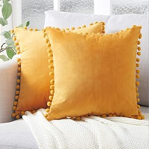 DACRIS Pom Pom Yellow Throw Pillow Covers 18x18 inch Orange Velvet Pillow Cases Decorative Pillow Covers for Living Room Sofa Bed Chair Pack of 2 (Yellow, 18x18)
