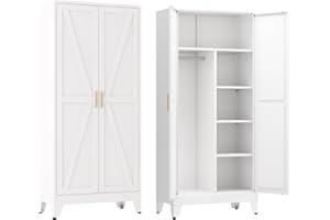 XIUSVON Metal armoire Wardrobe Closet with Hanging Rod,71'' Metal Wardrobe Cabinet with 2 Doors and 4 Adjustable Shelves, Bedroom armoires,Laundry Room cabinets,armario de ropa Closet(Modern, White)