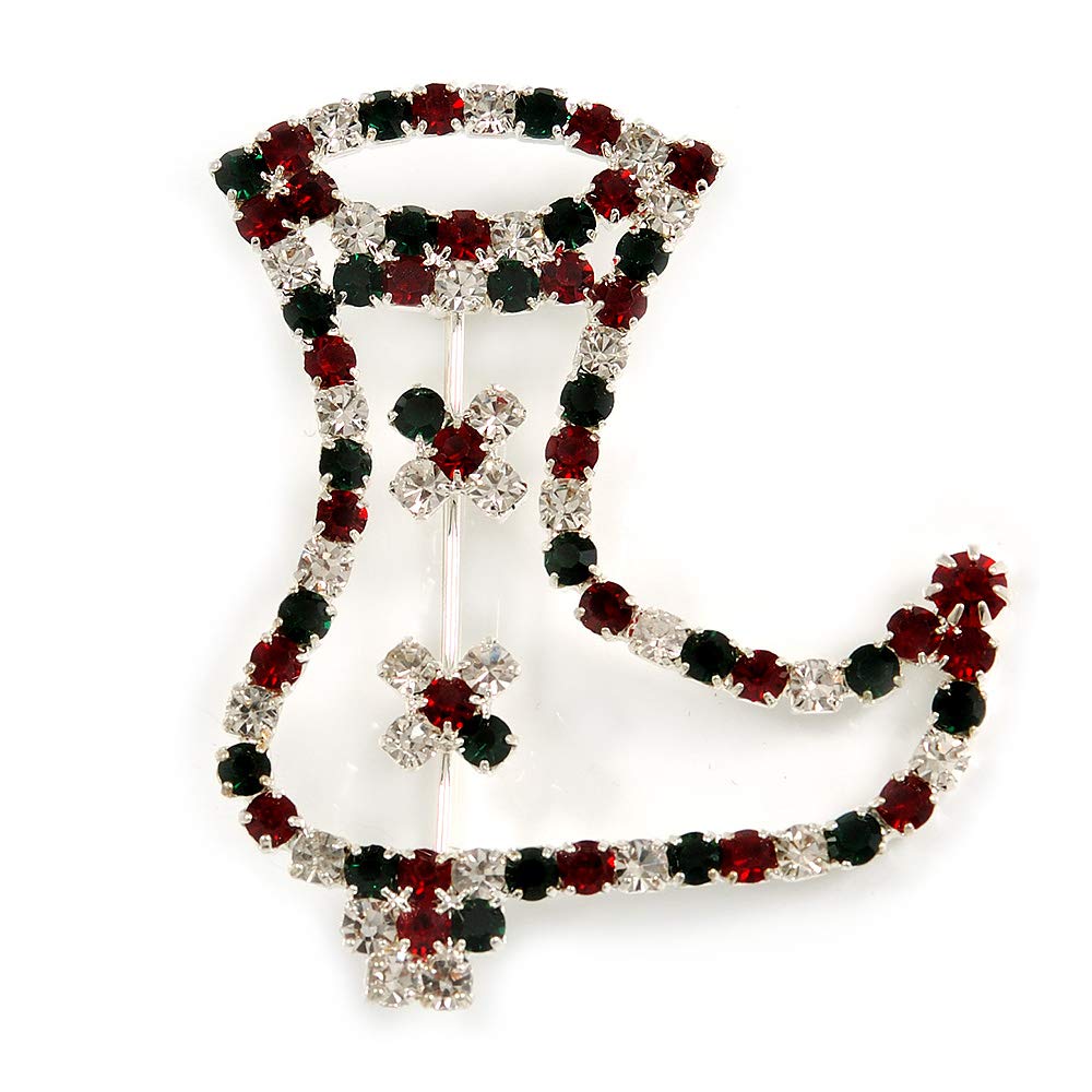 Funky Red/Green/Clear Diamante 'Christmas Stocking' Brooch In Silver Plating - 5.5cm Length