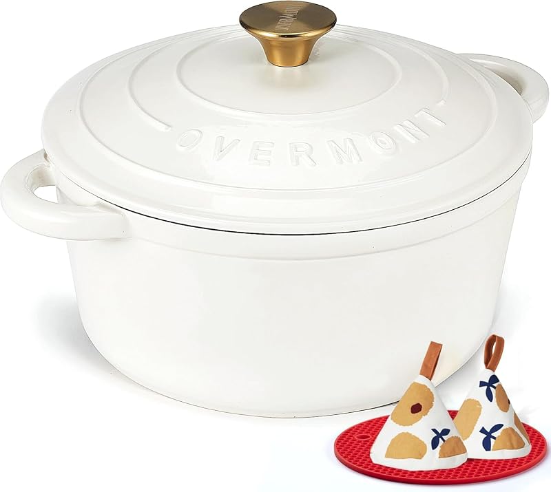 Bräter emaille Gusseisen Topf - Schmortopf 26cm backofengeeignet - mit Deckel und Kochbuch - für Küche Backen Schmoren Braten Perlweiß
