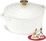 Overmont 26cm Enamelled Cast Iron Round Casserole Dish with Lid Pearl White