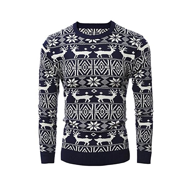 Shineflow Men's Crew Neck Reindeer Snowflakes Christmas Pullover Sweater Jumper