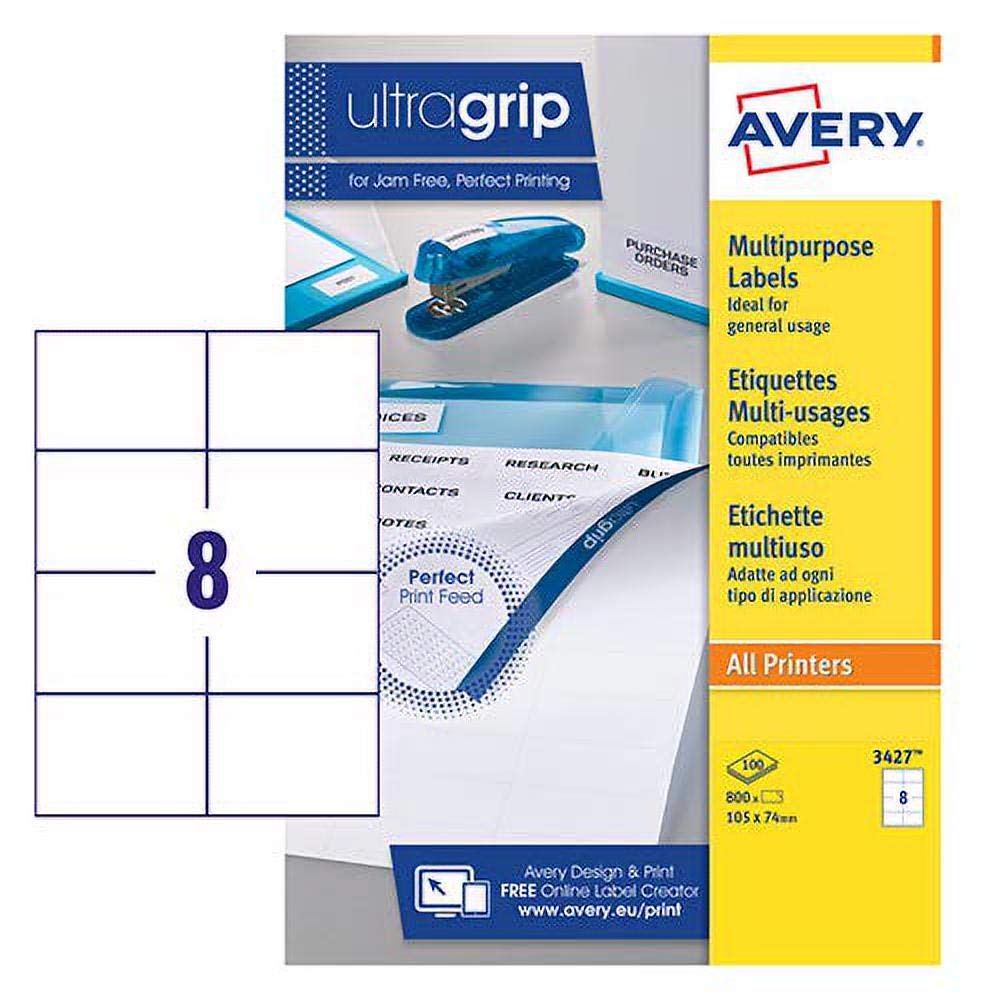 Avery 3427 Printable Multipurpose Labels, All Printers, 8 Labels per A4 Sheet, Blank White a4 Printer Sticker Sheet