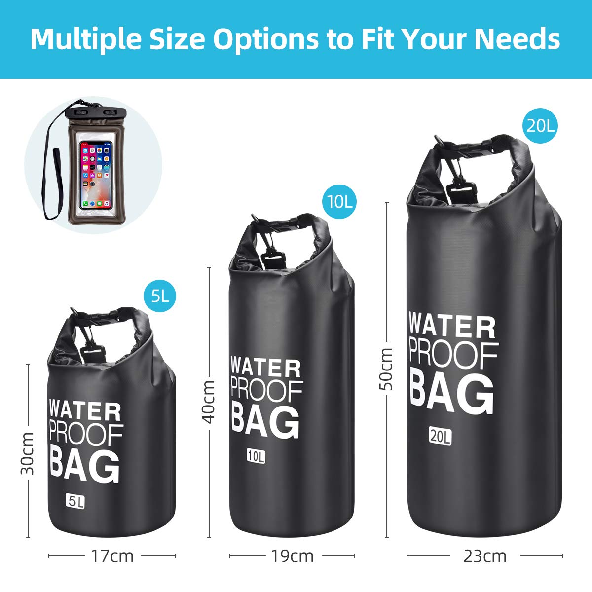 Trentixel Waterproof Dry Bags, Floating Dry Sack with Detachable Shoulder Strap, 5L/10L/20L Large Dry Bag for Fishing, Kayaking, Surfing, Rafting, Hiking and Camping with Waterproof Phone Case