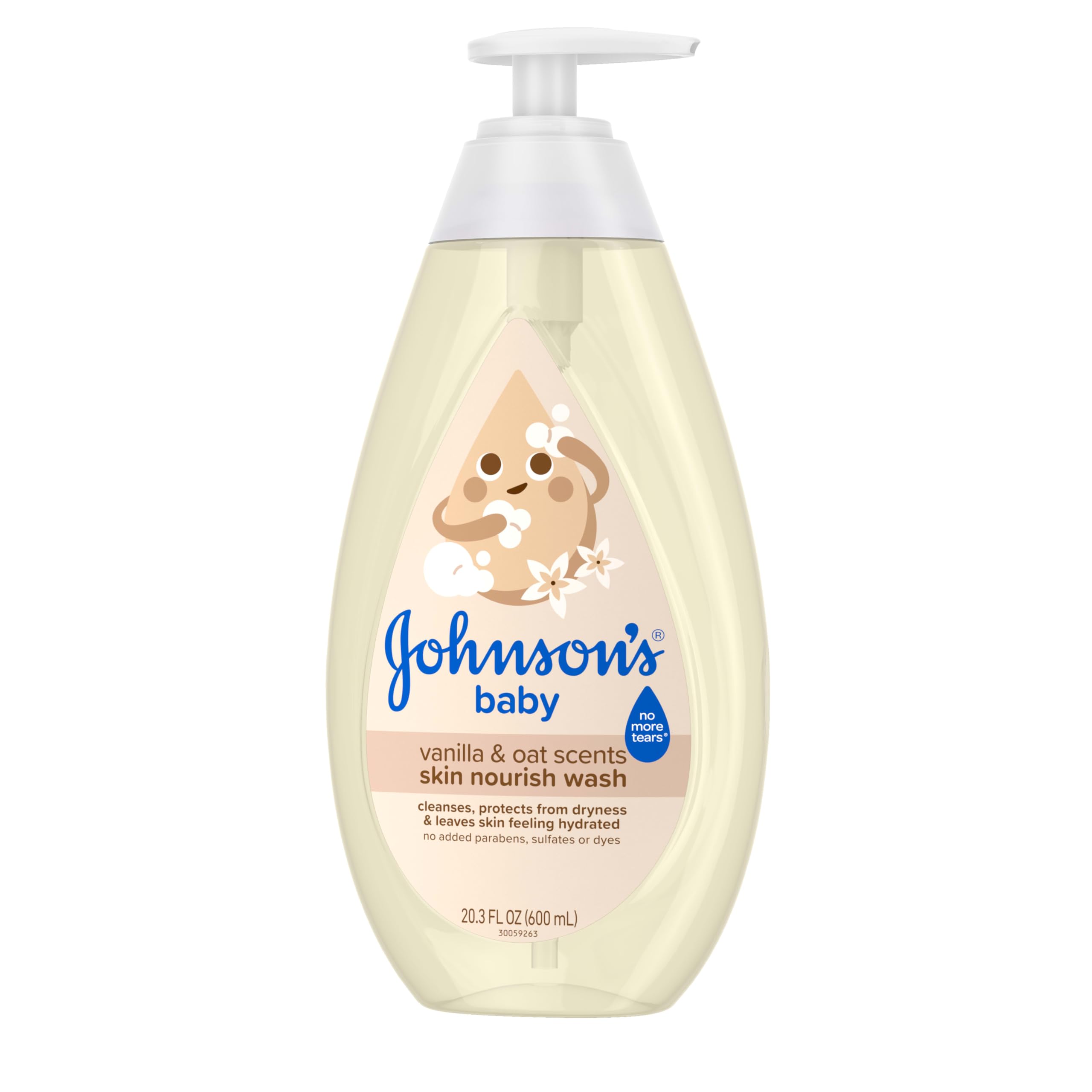 Johnson's Skin Nourishing Moisture Baby Wash, Vanilla & Oat Scents, Tear-Free, Hypoallergenic Baby Body Wash Cleanses, Protects from Dryness, & Leaves Skin Feeling Hydrated, 20.3 fl. oz