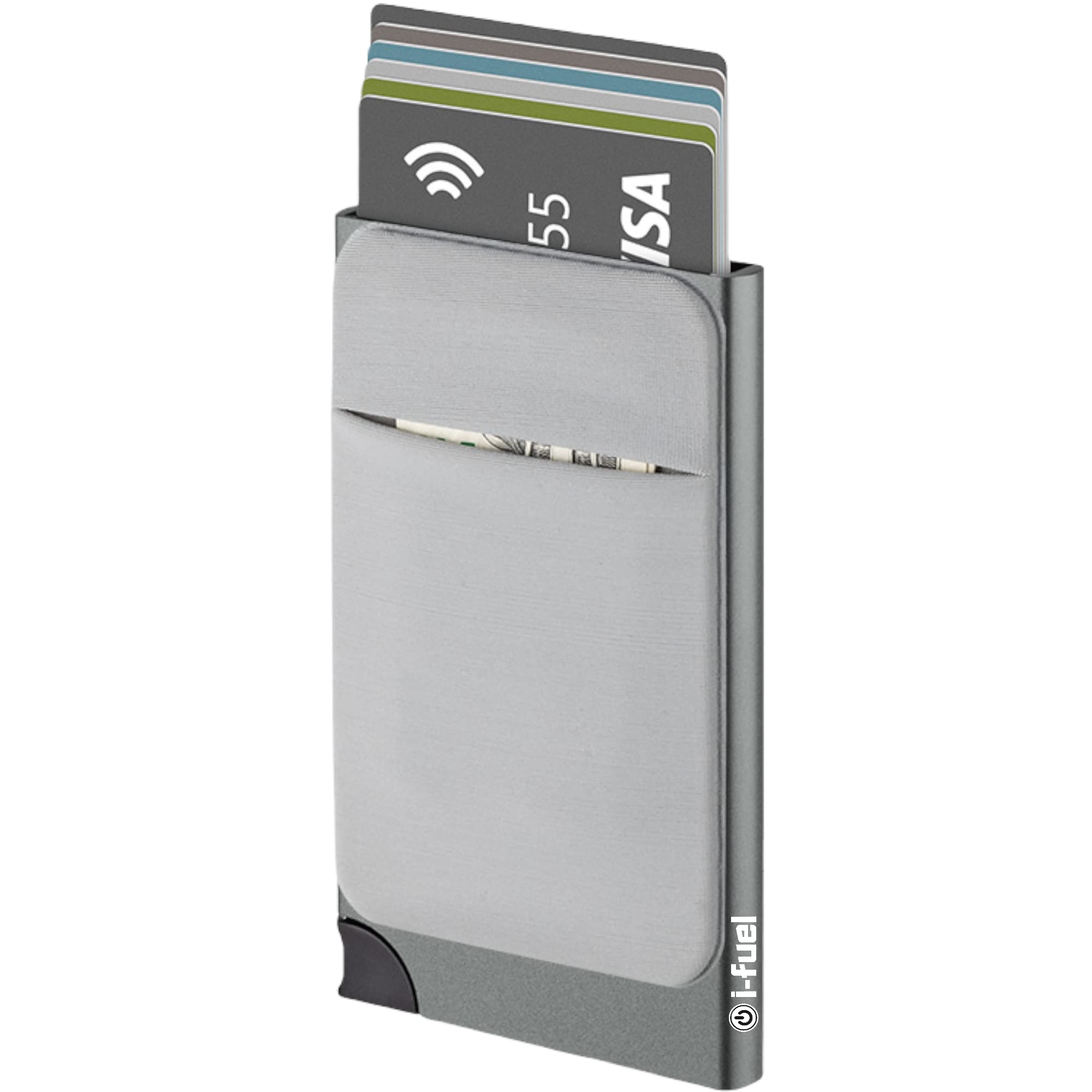 i-Fuel Card Holder with Money Pocket Pop Up Wallet RFID Blocking Slim Metal Bank Card Case Holds 5 Cards & Notes, Silver