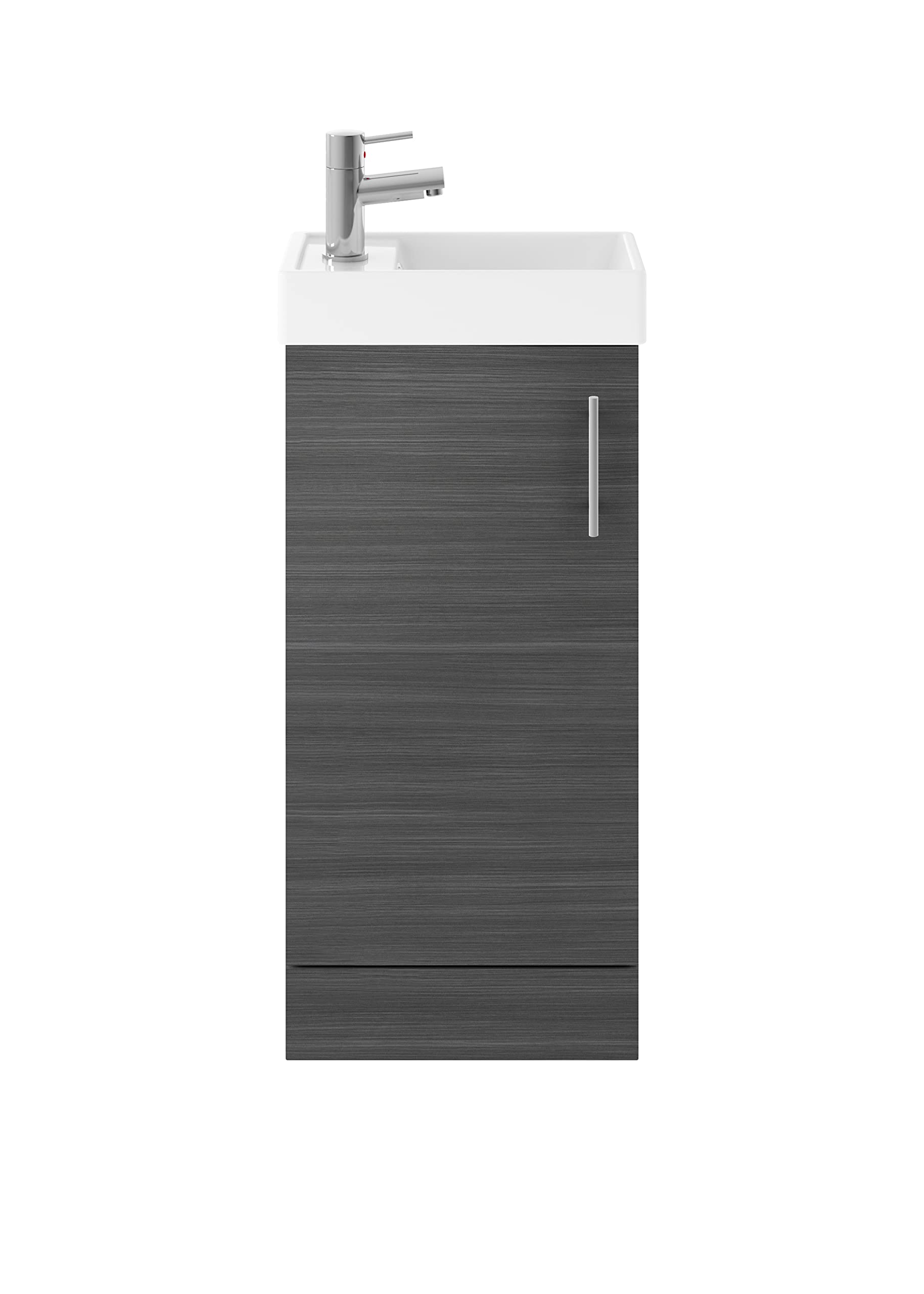 Nuie MIN003 Vault Modern Bathroom Cloakroom Compact Single Soft Close Door Floor Standing Vanity Unit with 1 Tap Hole Ceramic Basin, 400mm, Woodgrain Anthracite