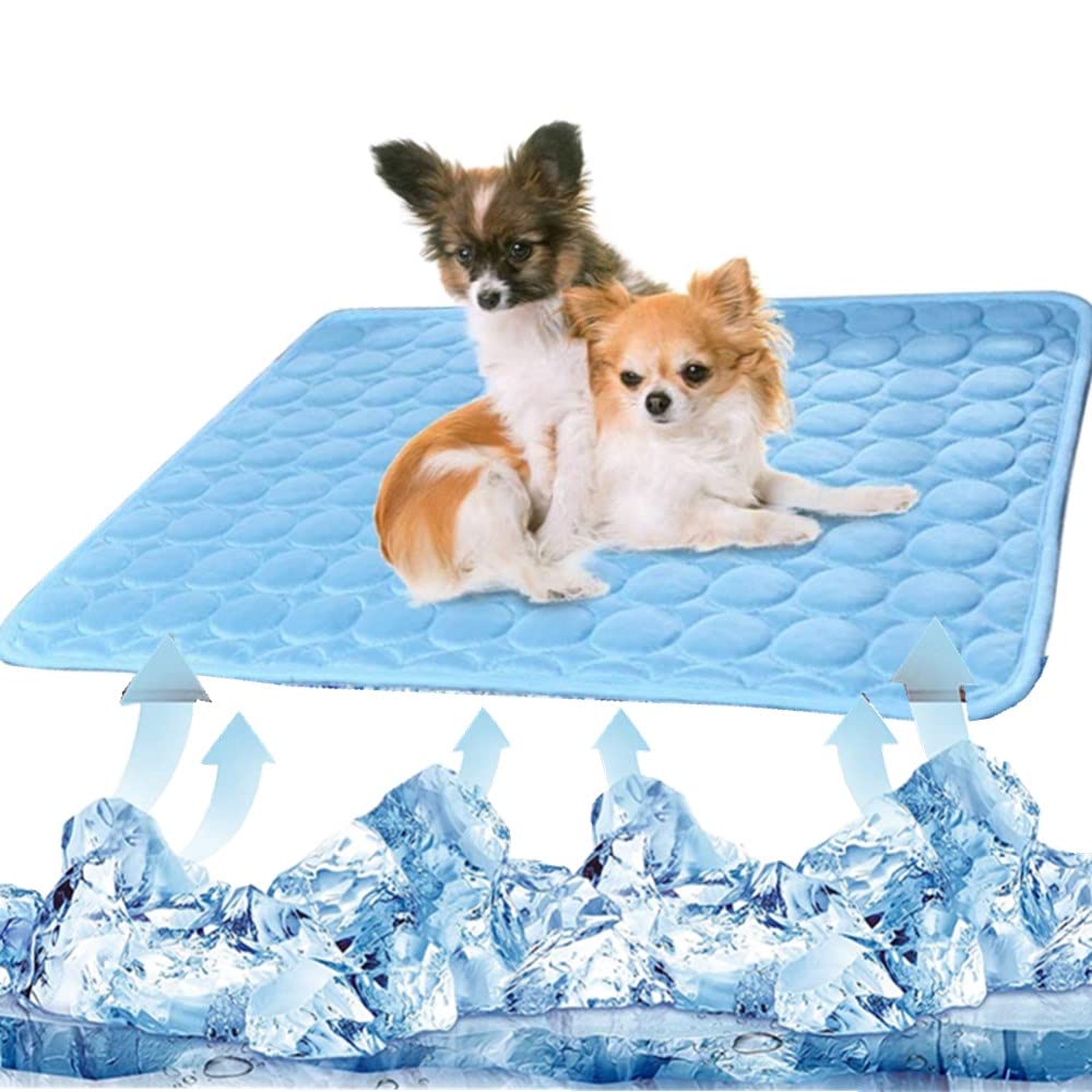 OUKEYI Cooling Mat Pad for Dogs Cats Ice Silk Mat Cooling Blanket Cushion for Kennel/Sofa/Bed/Floor/Car Seats Cooling for Outdoor or Home (Dog Cooling mat- 28 X 22inBlue)