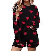 MYHALF Valentine's Day Sweater Sets Heart Sweater for Women Long Sleeve Knit Sweater and Shorts 2 Piece Outfits