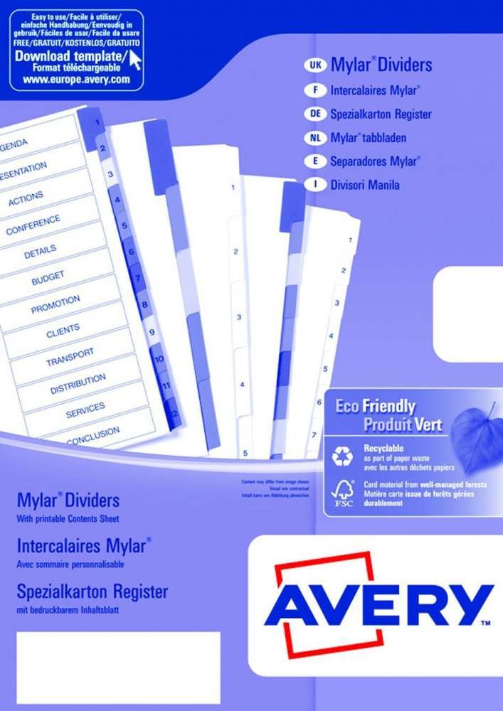 Avery 05193501 Manila Cardboard Dividers, A-Z Keys, Laser/Inkjet Printers, 300x220x3 mm