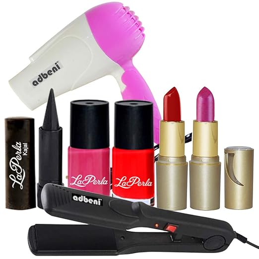 adbeni Women's 1 Hair Dryer and 1 Straightener with 2 Nail Paint 2 Lipstick and 1 Kajal