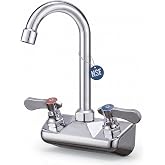 Commercial Hand Sink Faucet 4" Center Wall Mount Faucets Solid Brass Chrome | Lead-Free Copper Utility Sink Faucet, Anti-Water Hammer Valves, 3 Aerators, Extra-Wide 3.8" Swivel Gooseneck, 1/2" NPT Male