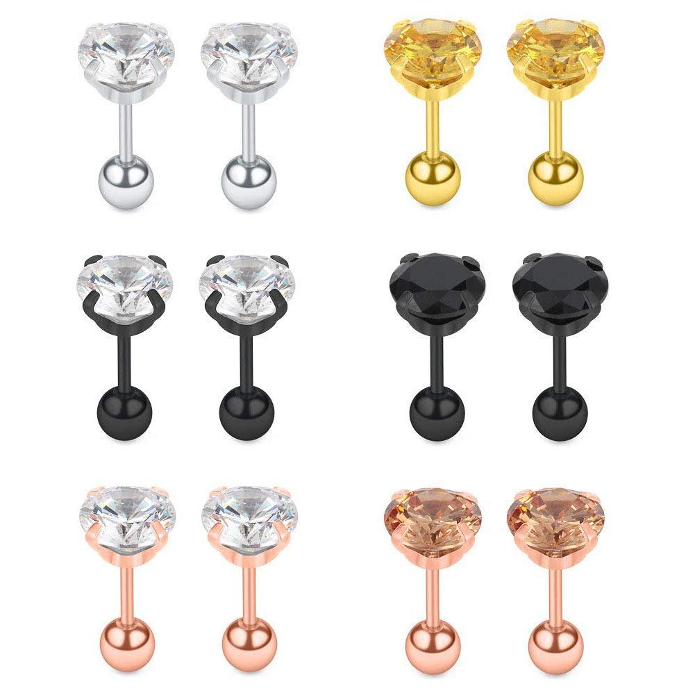 AceFun 6 Pairs 16G（1.2mm Stainless Steel Cubic Zirconia Cartilage Tragus Helix Barbell Stud Earrings Piercing Jewelry - 6mm — image 1