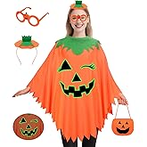 SelfTek 4 PCS Halloween Pumpkin Costume Set for Women Adults - Glow in The Dark Pumpkin Poncho, Headband, Glasses & Candy Bag Outfit for Halloween Parties 2025