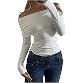 GORGLITTER Women's Off The Shoulder Crop Tops Trendy Fall Dressy Casual Long Sleeve Ruched Fitted Going Out Tops 2025
