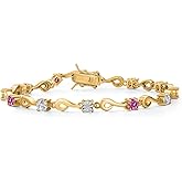 Gem Stone King 18K Yellow Gold Plated Silver White Lab Grown Diamond and Pink Moissanite Bracelet For Women (2.29 Cttw, Gemstone April Birthstone, Round 4MM, 7.5 Inch)