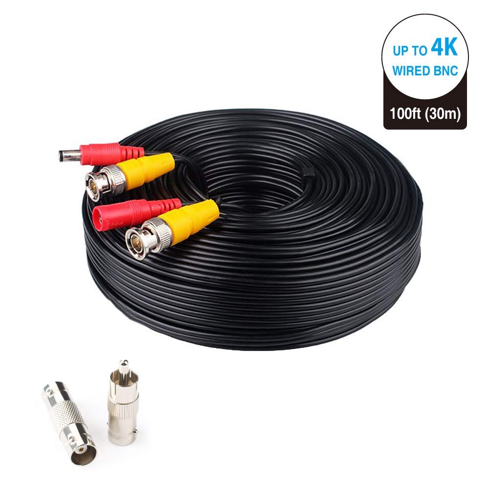 LONNKY 100ft 30M BNC Cable Security Camera Wire Cord with BNC Connectors and RCA Adapters Video Power Cable for CCTV Camera Surveillance Kit and Security Camera System,Black