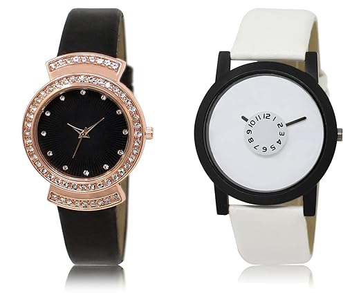 Shocknshop Designer Analogue Black White Dial Mens & Womens Couple Combo Watch Pack of 2 - (LR244-26)