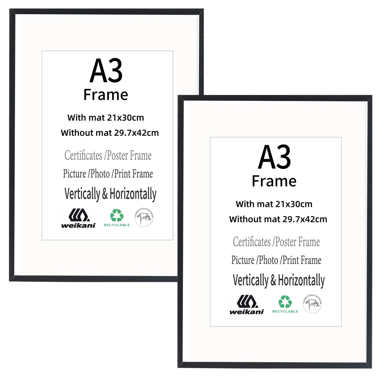 Weikani A3 Black Picture Frame with A4 Mat,2 Pack-29.7x42 cm Wood Photo Frame,Certificate Frame with Plexiglass for Wall Mount or Table Top Display — image 1