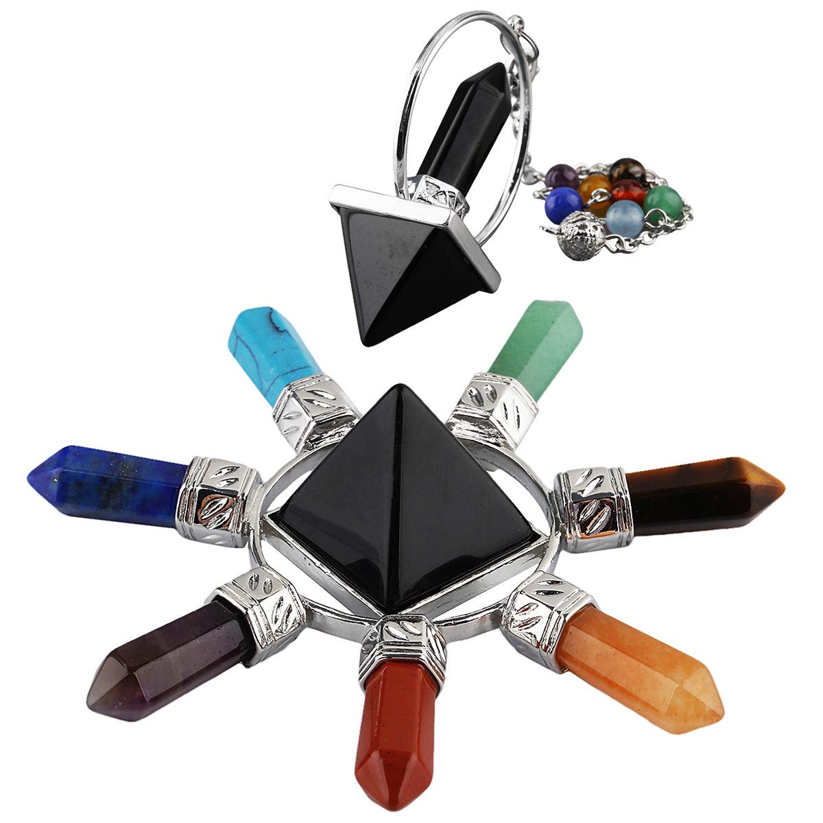 Nupuyai Obsidian 7 Chakra Pyramid and Pendulum Set, Healing Stone Kit, Energy Pyramid with Crystal Point for Protection Dowsing Chakra Healing and Meditation Yoga Balancing