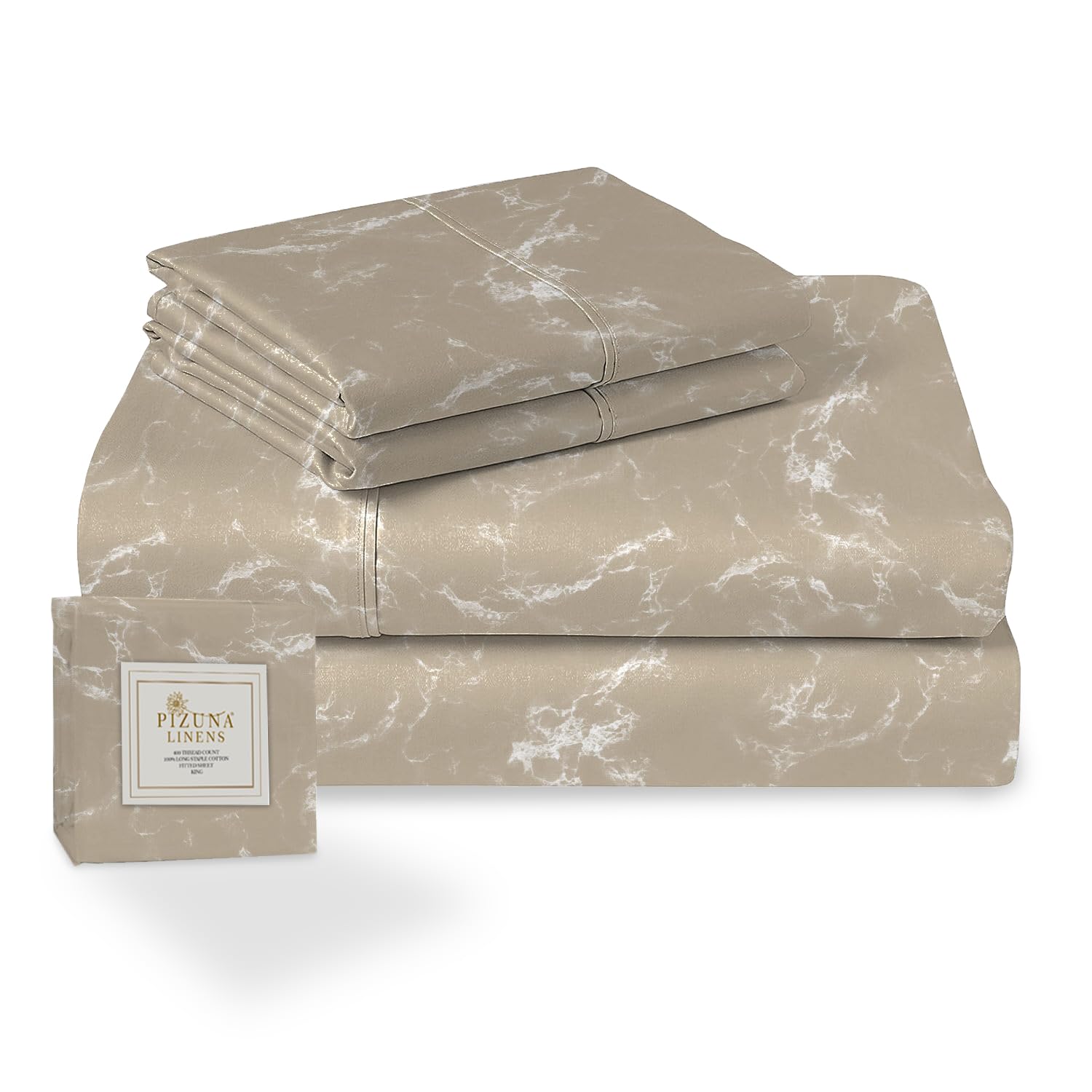 Pizuna Cotton Marble Taupe Print Double Bed Sheet Set 400 Thread Count 100% Long Staple Sateen Cotton Printed Bedding Set Includes 1 Fitted Sheet 1 Flat Sheet 2 Pillowcases (Printed Bed Sheets)