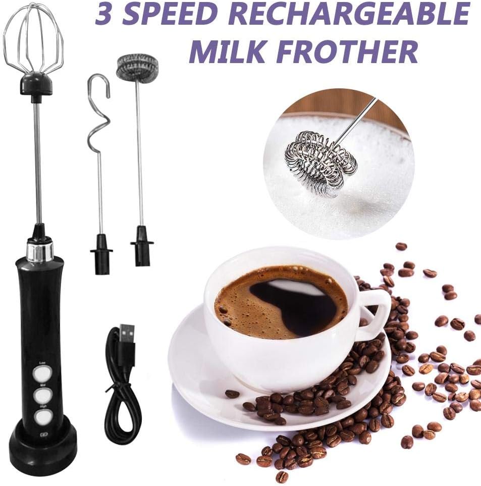 Rechargeable Milk Frother Handheld Foam Maker, 3 Speeds Electric Foamer Blender, Mini Drink Mixer with Egg for Cappuccino, Latte, Bulletproof Coffee, Matcha