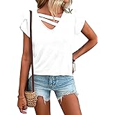 Womens Petal Sleeve Tops Summer Short Sleeve V Neck Cut Out Tee Sexy Casual Basic T Shirts Blouses