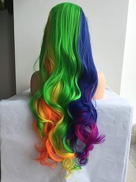 Arco Iris Peluca Roja Naranja Amarillo Verde Azul Purpura Encaje Frente Peluca Multiple Piano Streak Colorido Peluca Mujeres Maquillaje Pelo Sintetico 26 Pulgadas Amazon Es Belleza