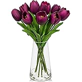 Fake Tulips Artificial Tulip Flowers in Glass Vase with Faux Water, 14.2" Real Touch Purple Tulip Flowers Décor for Table Centerpiece Home Farmhouse Resto Wedding Decoration