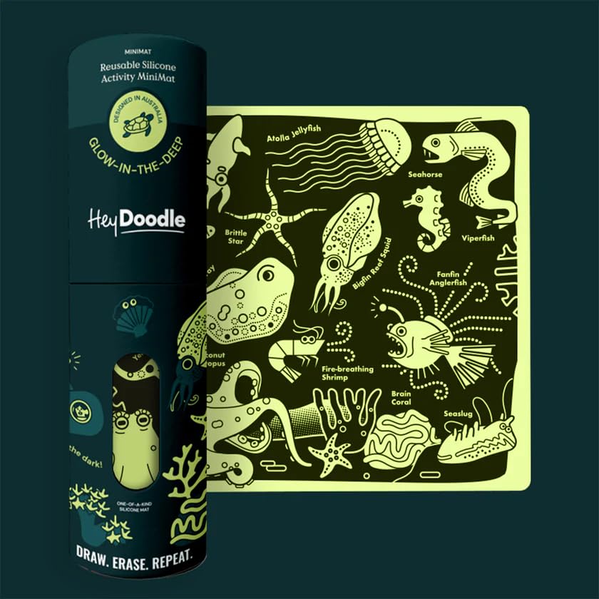 HeyDoodle Glow-in-The-Deep Mini Coloring Mat – Compact Reusable Glow-in-The-Dark Silicone Kids Activity Mat, Wipe-Clean Ocean Doodle Mat with 3 Dry Erase Markers