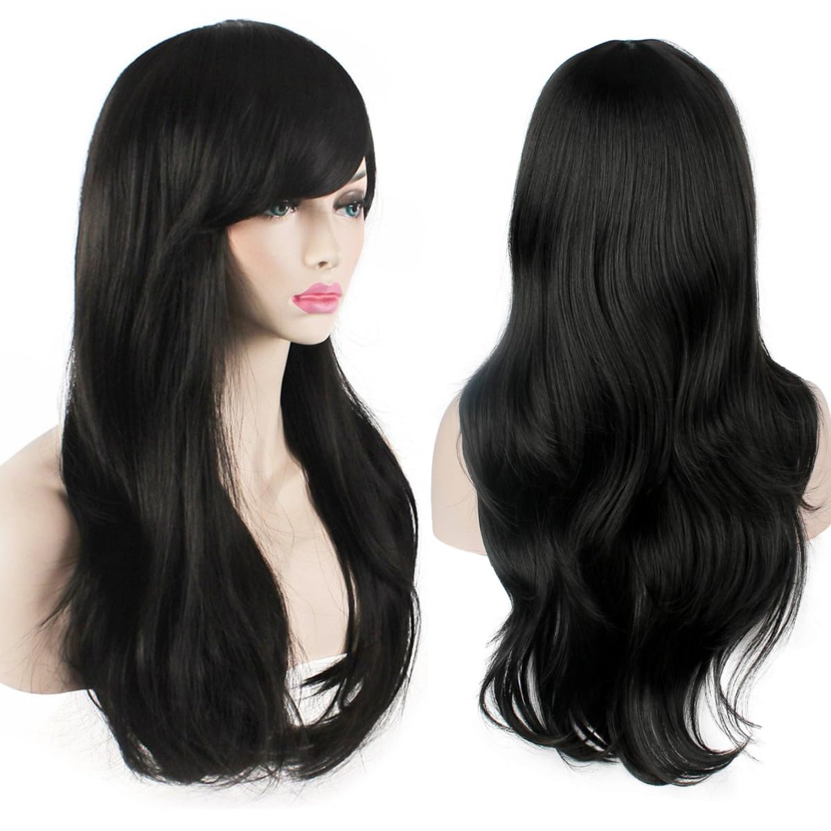 YEESHEDO Women's 28" 70 cm Cosplay Wig Long Wavy Curly Hair Ends with Bangs Wigs for Women Heat Resistant Synthetic Wig for Party Costume Anime Halloween (Black) — image 1