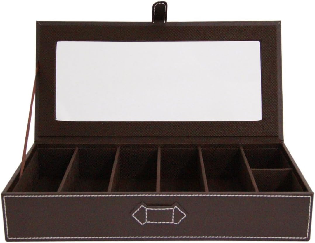 JustNile PU Leather Sunglasses Eyewear Eyeglass Storage Display Box Protector Organizer, Classic Brown with Durable Acrylic Glass Protector, 7 Compartments, Men's Accessory for Dad