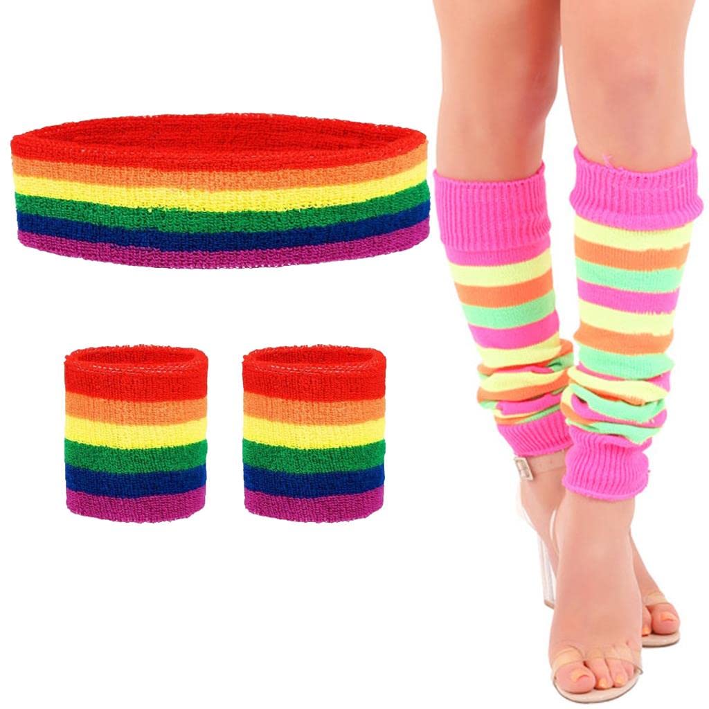 DigitalSpot Womens Wristbands Headband And Legwarmers Set Ladies 80s Themed Party Sweatbands Fancy Dress Accessory Rainbow