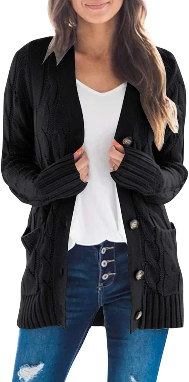 MEROKEETY Women's Long Sleeve Cable Knit Sweater Open Front Cardigan Button Loose Outerwear at  Women’s Clothing store