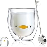 Binoster Duck Mug Cute Mugs Glass Double Wall Insulated Glass Espresso Cup, Coffee Cup, Tea Cup, Milk Cup,Kawaii Gift for Office and Personal Birthday Christmas (Duck)