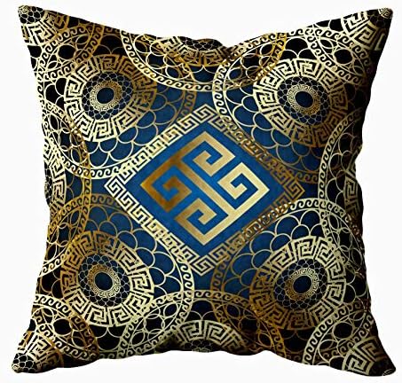 TOMWISH Cusion Pillow Cover,TOMKEY Hidden Zippered 20X20Inch Modern Geometric Gold Pattern Greek Key Squares Lace Circles Vintage Decor Throw Cotton Pillow Case Cushion Cover for Home Decor