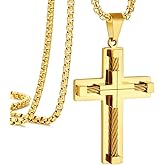 JUNOVUROS Cross Pendant Necklace for Men, Jesus Christ 316L Stainless Steel 20 to 28 In Rolo/24 In Byzantine Chain, 2 Sizes of Religious Jewelry with Silver/Gold/Black/Multicolor
