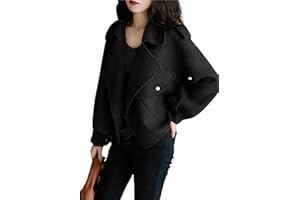 utcoco Women Cropped Wool Coats Notched Lapel Pea Coat Open Front Trench Overcoat Jackets with Pockets